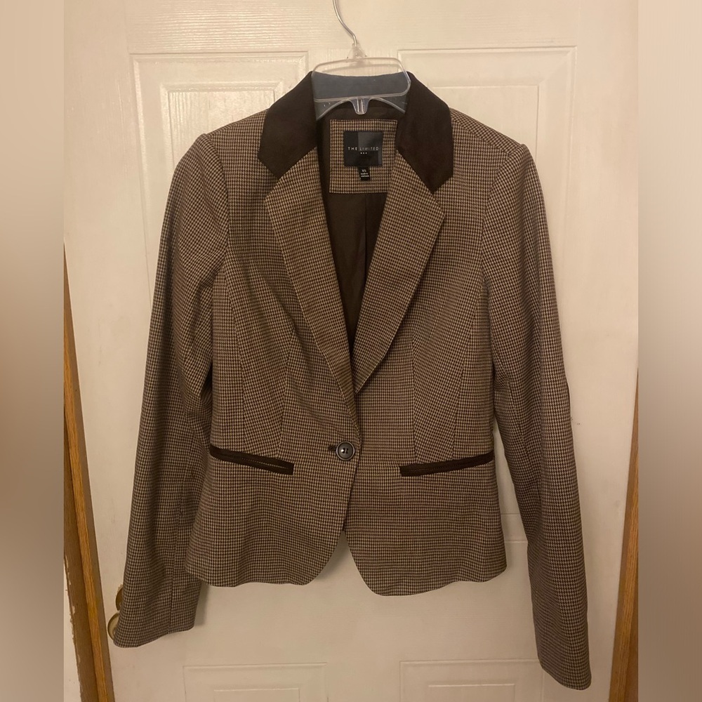 The Limited Brown Houndstooth Blazer with Dark Brown Collar
